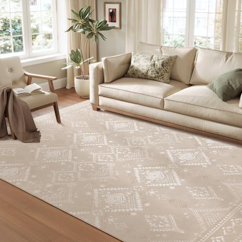 SONGMICS HOME Alfombra, 200 x 290 cm, Alfombra Antideslizante, Decoración del Hogar, para Salón, Dormitorio, Lavable a Máquina, Estilo Moderno, Beige Capuchino TAR214L01