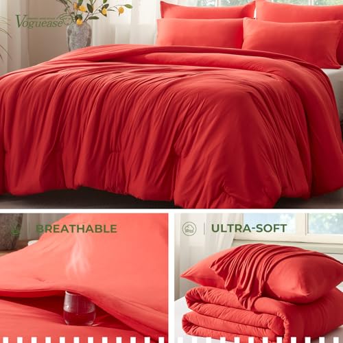 Image of Queen Comforter Set, Comforters Queen Size Luxury Ultra-Soft Jersey Knit Bedding Sets, Red Lightweight Down Alternative Bed Comforte Queen for All Season, 3 Piece Bedding Setrey