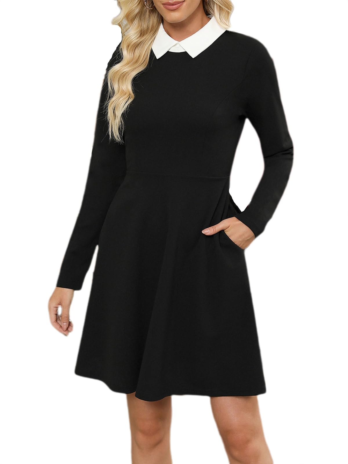 BARASA Elegant Long Sleeve Dress for Women Peter Pan Collar Casual Work Dresses with Pockets Perfect for Halloween