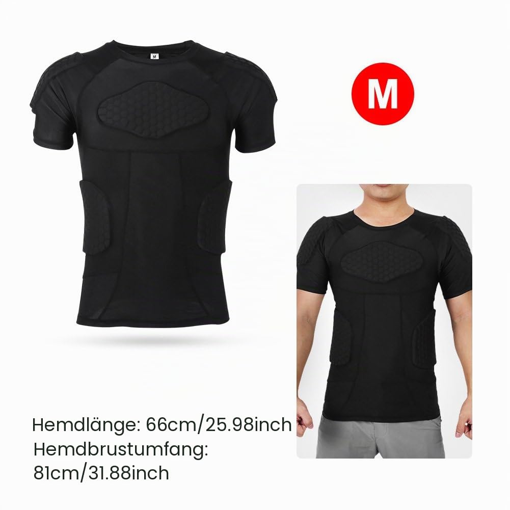 Herren T-Shirt, gepolstert, aus Silikon, stoßdämpfend, Sportzubehör für Jugendliche, Schutzausrüstung für Rugby, Basketball, Volleyball, Schwarz