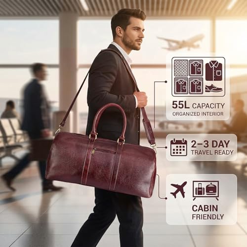 Image of Full Grain Genuine Leather Travel Duffel Bag 55L Premium Weekender Bag for Men Leather Overnight Bag with Shoulder Strap Travel Luggage (Brown)