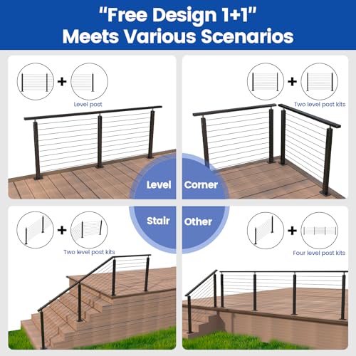 image for Muzata 5-10FT Modular Black Cable Railing Kit 42 Inch 2 Stair Post Kit
