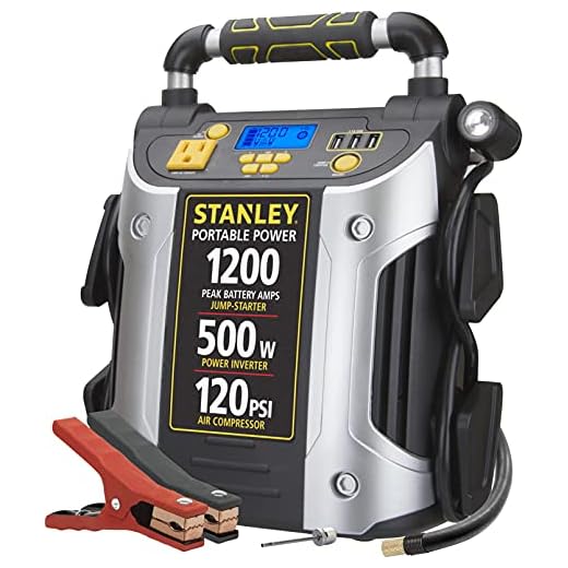 STANLEY J5CPD Digital Portable Power Station Jump Starter: 1200 Peak/600 Instant Amps, 500W Inverter, 120 PSI Air Compressor, 3.1A USB Ports, Battery Clamps