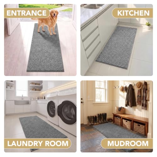 Image of H.VERSAILTEX Dog Door Mat Absorbent Dirt Trapper Non Slip Quick Dry Washable Chenille Pet Bed Mat for Mud Dogs Indoor and Outdoor(Grey, 24 inch x 60 inch)