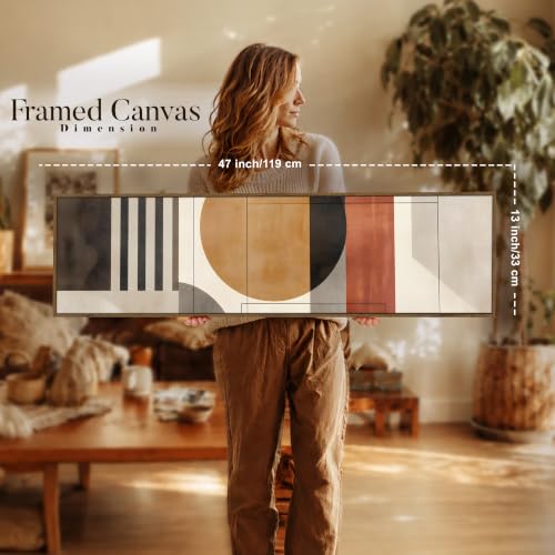 Image of Large Canvas Painting Panel Framed Wall Painting Abstract Geometric Circle Framed Luxury Paintings for Home Decoration, Living room, Bedroom and Office Decor (Beige, 13x47 Inch)