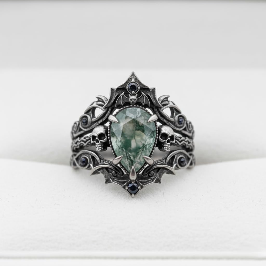 Moss Agate Gothic Promise Ring Women Set 925 Sterling Silver/10K/14K Gold Moss Agatg Engagemen Rings Set Stacking Pear Cut Gemstone
