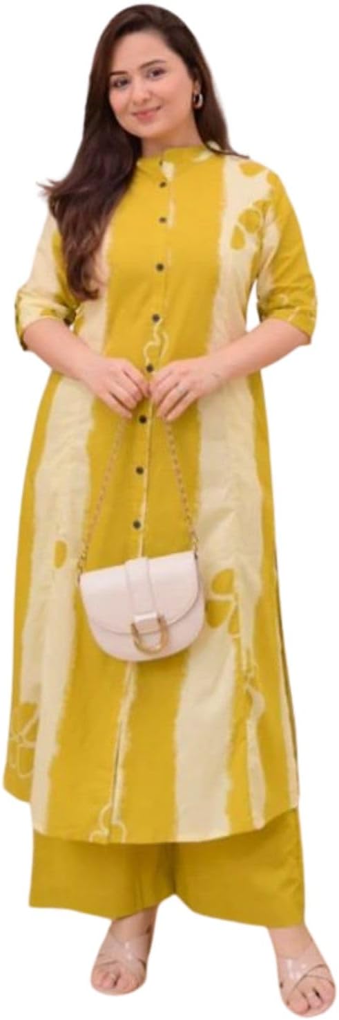 Cotton Blend Printed Two-Piece Kurta Set with Short Sleeves Mandarin Collar and Palazzo for Women