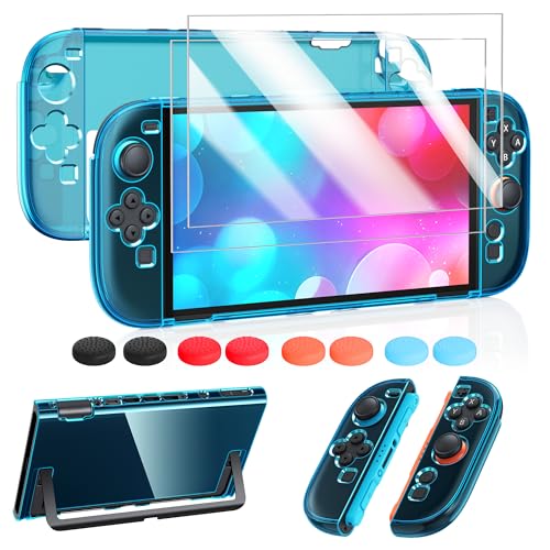 FYOUNG Switch 2 Hülle und Schutzfolie Zubehörset mit Joystick Kappen - Kristallklare Hartschalen Cover Case Schutzhülle Zubehör für Nintendo Switch 2025 - Blau