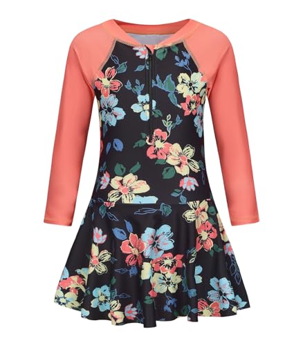 Aisyee Big Girls One Piece Swimsuits Swim Dress for Girls Long Sleeve Rash Guard Bathing Suits Hawaiian Skirt Swimwear Black Floral Rose Red Size 16/14-16 Years