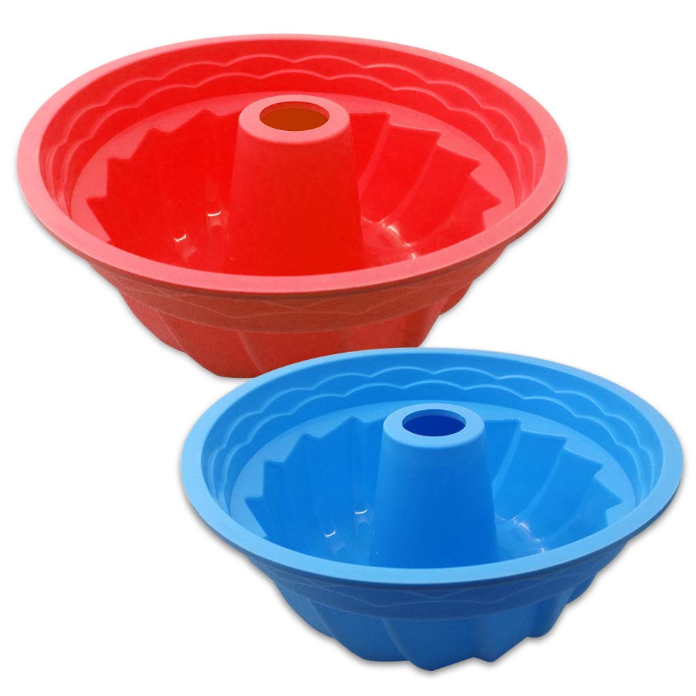 SENHAI 2 Pack Fluted Round Silicone Baking Molds, Oven Roasting Non-Stick Cake Mousse Bread Pan - Red, Blue