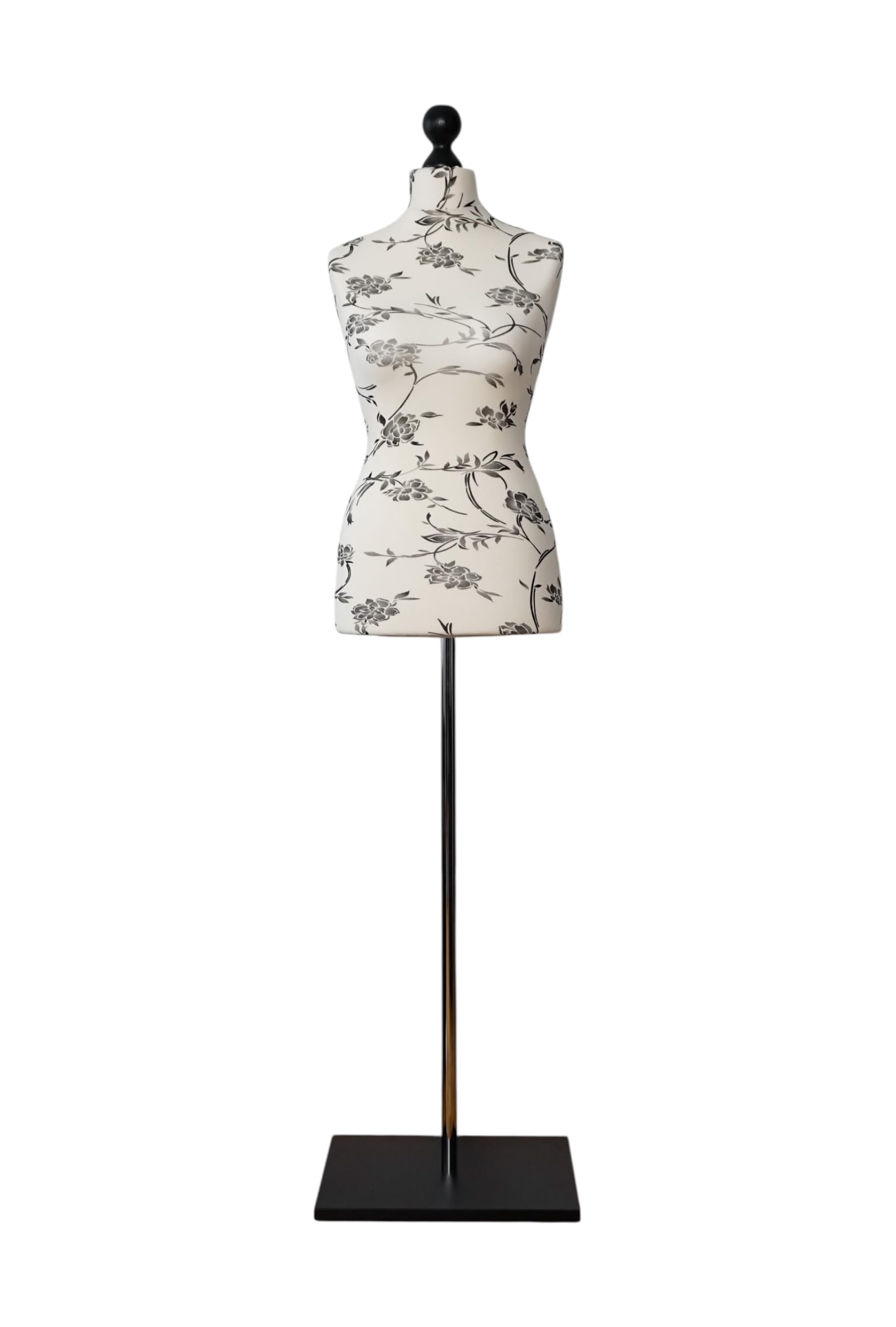 LUSORIA Schneiderpuppe, Schneiderbüste weiblich Ecru mit schwarzen Blumen/schwarzer Standfuß (XS 34/36)