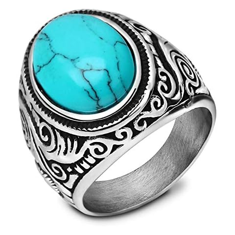 MYNENEY Retro Vintage Stone Rings for Men Turquoise Rings Stainless Steel Signet Biker Band Blue Stone 12 Cover