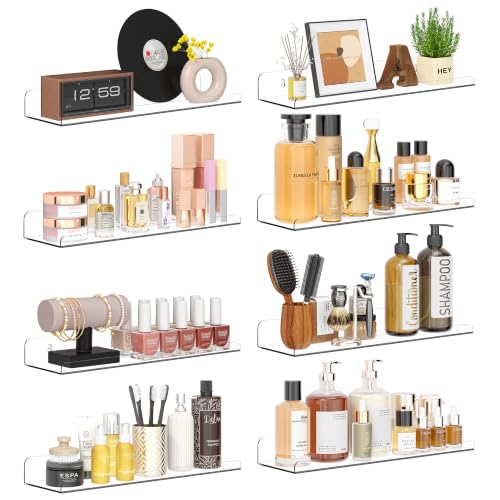 Image of Qukaka Floating Shelves for Wall Decor, 15 inch Extra Clear Wall Shelves for Bedroom, Living Room, Kitchen, Bathroom Decor, Nail Polish /Book /Decoration /Makeup /Perfume Organizer Floating Shelf-8Pack