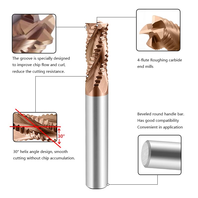 Image of Carbide Roughing End Mills - 4 Flute TISIN Coated,for Milling Alloy Steels, Hardened Steel,Metal.1 Pcs D6x50mm