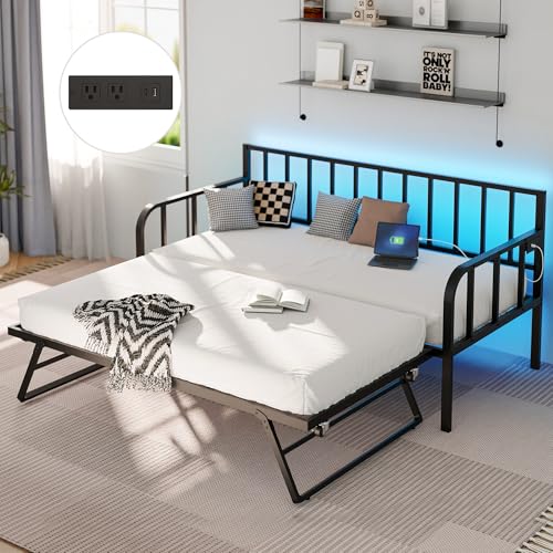 TOLEAD Metal Daybed with Pop Up Trundle, Twin Day Bed with Charging Station and LED Lights, Twin to King Bed Frame with Steel Slat Support for Living Room, Bedroom and Guest Room, Black