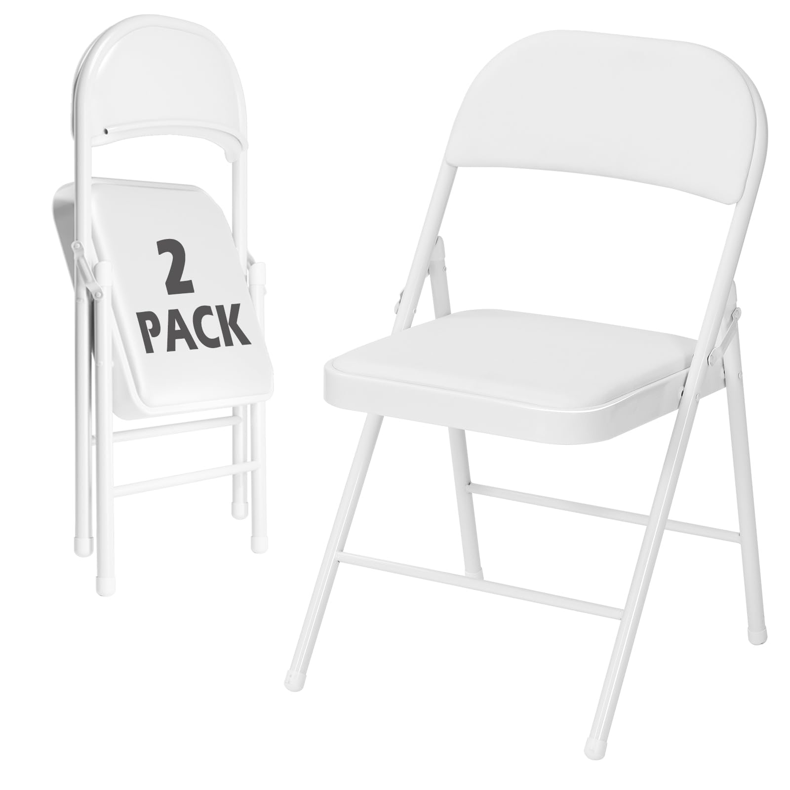 2 Pack White Padded Folding Chairs with Metal Frame