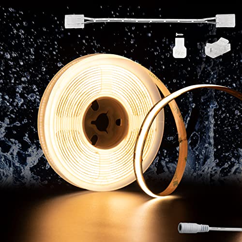 Image of PAUTIX COB LED Strip Light 12V Warm White 3000K Waterproof IP65 18Ft CRI90+ Flexible LED Tape Lights for Cabinet Engineering Home DIY Lighting Project with 8mm Connector(Power Supply Not Included)