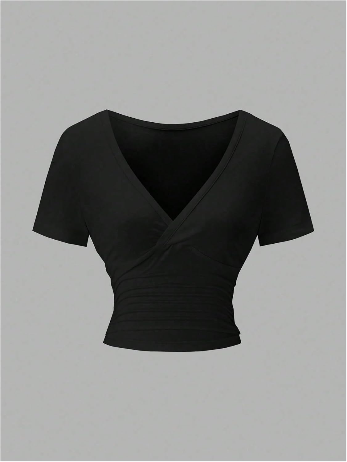 Women's Ruched Wrap Tops V Neck Short Sleeve T Shirts Slim Fit Crop Tops - Image 2