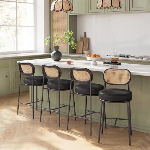 Image of VASAGLE Bar Stools Set of 4, Counter Height Bar Stool with PE Rattan Back, Synthetic Leather Upholstered Stools for Kitchen Island Dining Room, 25.1-Inch Bar Chairs, Ink Black ULBC087B01-2J