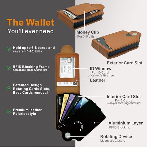 RFID Blocking Leather Wallet with Patented Rotating Card Holder – (5+3) 8 Card Slots, ID Window & Cash Pocket | Patented Anti-Theft Design (Brown)4