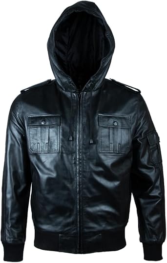Aviatrix Mens Real Leather Bomber Jacket with Hood QIO7