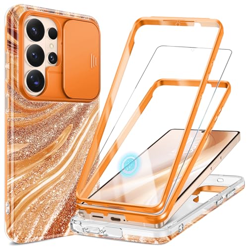 Image of GVIEWIN for Samsung Galaxy S26 Ultra Case, [Slide Camera Cover & Built-in HD Screen Protector] [2 Front Frames] Shockproof Military Grade Protective Marble Phone Case for S26 Ultra 6.9 inch (Amber)