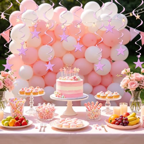 Image of BEISHID Pink Glitter Stars Hanging Swirls Pre-Strung Stars Hanging Decorations for Baby Shower Wedding Girl Women Birthday Party Decorations Supplies,Pack of 15