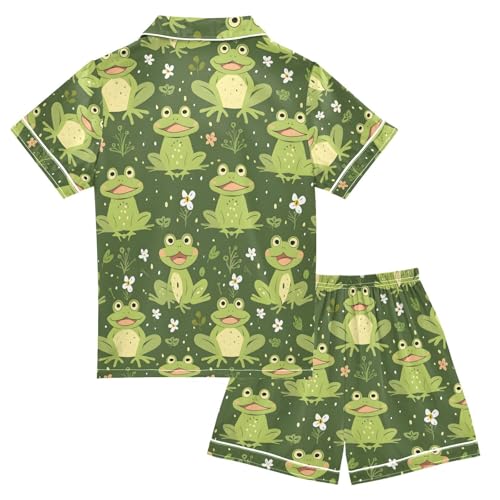 ALAZA Frog Green Flower Floral Pajamas Satin Pajama Set Short Sleeve Button Down Sleepwear2