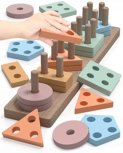 Gioco In Legno 3 In 1 Per Bambini 1-3 Anni, Montessori, Forme E Colori, Blocchi Impilabili, Carte Puzzle, Regalo Educativo Natale