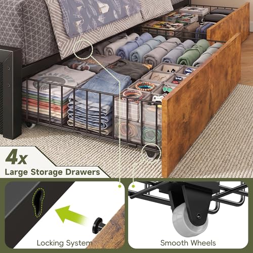 Image of Homkdom Full Size Bed Frame with Large 4 Drawers, 2-Tier Shelf, LED Light and Charging Station, Heavy Duty Platform Bed with 880 lbs Capacity, Easy Assembly,Vintage Brown