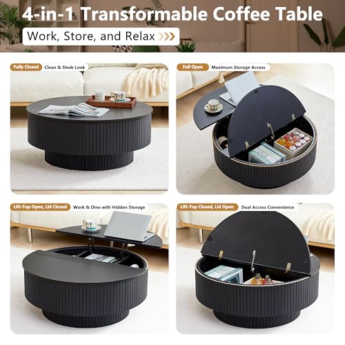Image of 33 inch Round Coffee Table with Lift-Top & Flip-Top Storage, Modern Accent Fluted Coffee Tables with Metal Frame, Wooden Circle Center Table for Living Room Small Space Apartment Office (Black)