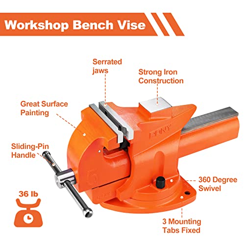 PONY Heavy Duty Bench Vise, 5-inch Jaw Width 7-inch Jaw Opening, 360-Degree Swivel Base with Anvil, Utility Combination Pipe Home Vise for Woodworking, One-Pair Vise Jaw Pad Included by PONY - Image 7