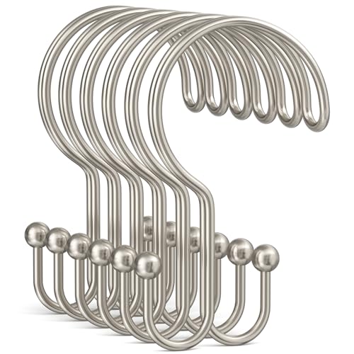 Bathway Nickel Shower Curtain Hooks Ring 12 Pcs Double Sided Shower Hooks Rust Proof Metal Shower Hooks for Bathroom Anti-Drop Shower Rings for Shower Curtain & Liners