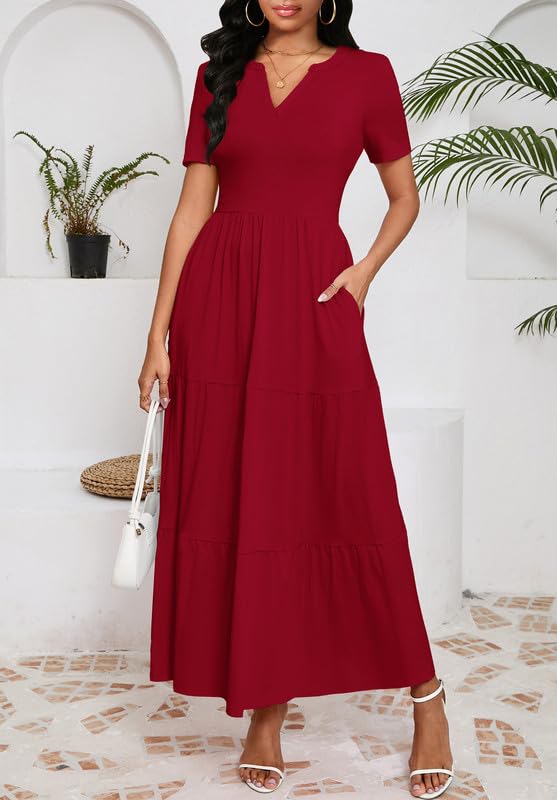 Image of MarryUP Women 2025 Casual Loose Maxi Dress with Pockets V Neck Short Sleeve Tiered Long Summer Beach Swing Dresses
