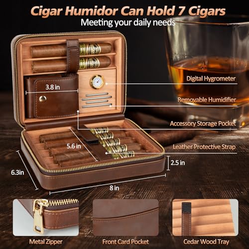 Cigar Humidor, Leather Cigar Case with Cigar Lighter, Built-in Straight Cigar Cutter and Cigar Punch, Travel Cigar Humidor with Humidifier and Cedar Tray, Cigar Accessories Set for Men - Image 3