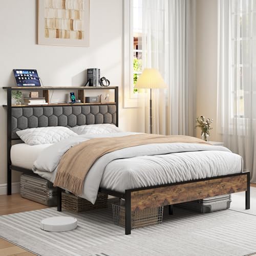 Full Bed Frame Upholstered Headboard - Full Size Bed Frames with LED Light Storage Headboard and Charging Station Type C，Metal Bed Frame Full No Box Spring Needed, Noise Free, Easy Assembly
