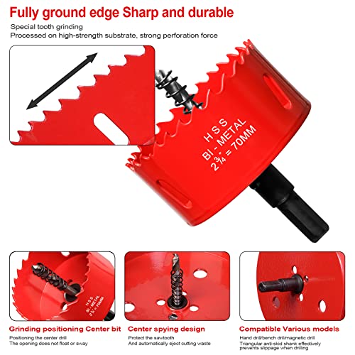 70mm Hole Saws Cutter, HSS Bi-Metal Drill Bit for Wood Plastic, UPVC, Fiberglass and Plasterboard, Red - Image 4