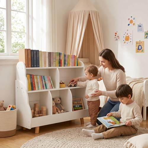 Image of Kids Bookshelf with Toy Storage, Easy Reach 3-Tier Organizer | Small Bookshelf for Kids,5 Open Storage Boxes,Curved Design,Solid Wood Legs,Anti Tip,Easy to Clean,Waterproof,Quick Assembly
