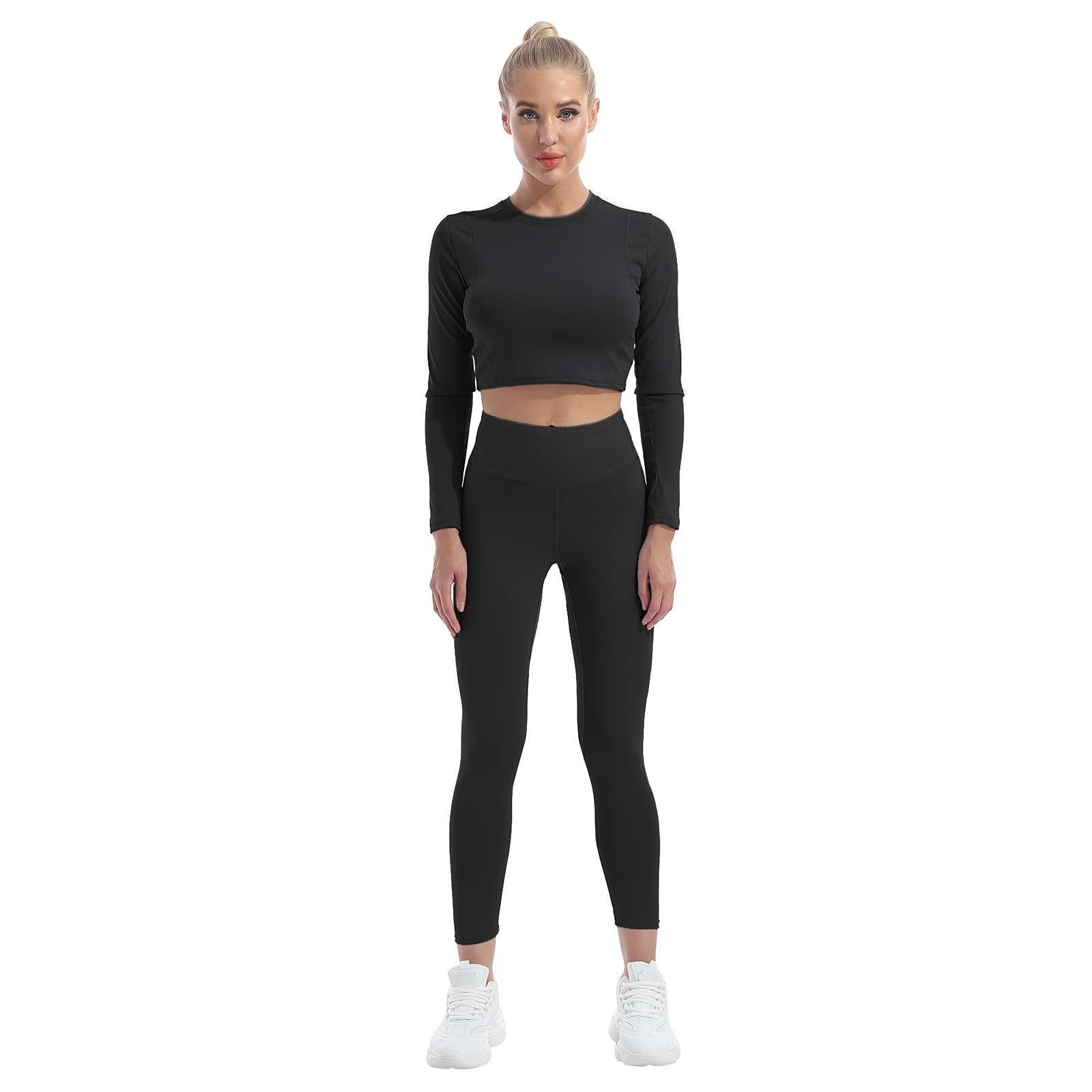 Kaerm Womens Running Jogging Yoga Gym Sport Outfits Athletic Sportwear Cropped Top with Leggings Set