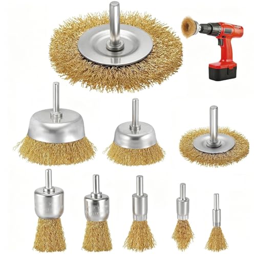 Set de 9 Brosses Métalliques Laiton pour Perceuse, Tige 6mm, Pour Nettoyage, Élimination de Rouille, Polissage et Décapage de Peinture - Compatible avec Perceuse,...