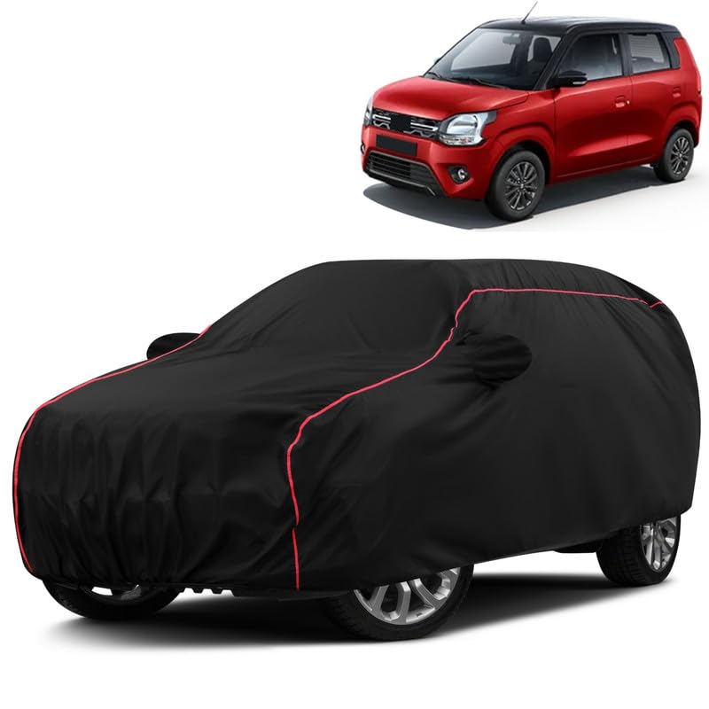 VOICO Water-Resistant Dustproof Car Cover for Maruti Suzuki WagonR - Mirror Pocket, UV Protection, Scratch Guard, Buckle Belt, Front & Back Bottom Elastic with Red Piping - Black-image-1