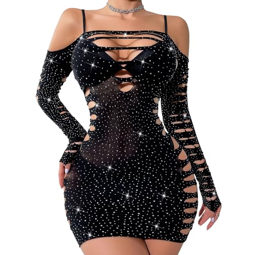 Linzdvay Lingerie for Women Sexy, Long Sleeves Stripper Outfit Chemise Babydoll Lingeries Rhinestone Fishnet Teddy Dress Bodycon Mini Mesh Dresses Hollow Out Exotic Club Wear Date Night Outfits Black