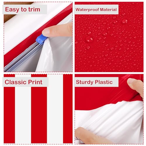 Image of Kochorie 100 Ft x 54 Inch Red & White Striped Tablecloth Roll with Cutter Box Disposable Carnival Circus Tablecloth Cut to Size Table Cover Backdrop for Carnival Party Table Stage Supplies