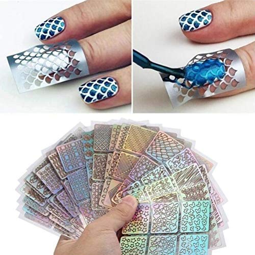 Enkomy Autocollants à Ongles, 24 Feuilles Bricolage Autocollants à Ongles, Grille irrégulière Pochoir réutilisable Nail Art Vinyle Autocollants Creux