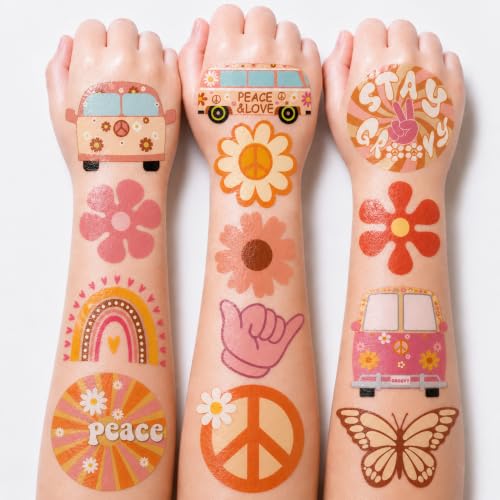 Image of 60 PCS Groovy 70s Retro Temporary Tattoos for Kids - Pre-Cut Retro 60s