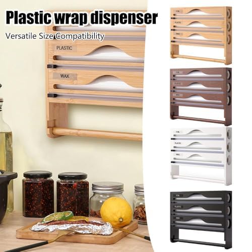 Dispenser 5 in 1 per fogli e pellicola trasparente con taglierina, organizer da parete in bambù per rotoli da 30,5 cm, soluzione di archiviazione da cucina per involucri