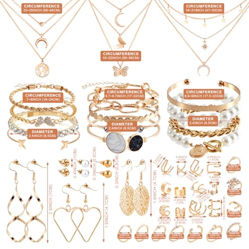 43 Stück Gold Schmuckset für Mädchen und Damen, mit 3 Halsketten, 12 Armbändern, 10 Ringen, 6 Paar Ohrringen, 12 Ear Cuff Ohrklemme Ohrringe, Ideal für Valentinstag, Geburtstag und Muttertag – Bild 5