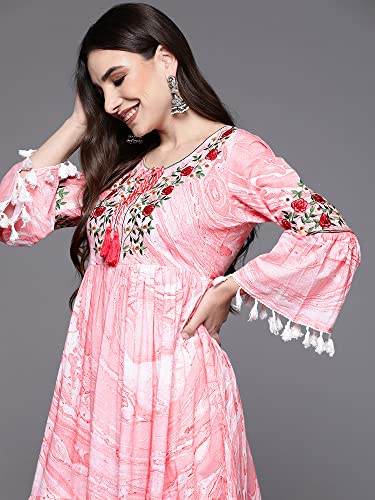 Image of INDO ERA Women Blue Embroidered Mid Thigh Length A-Line Ethnic Dress