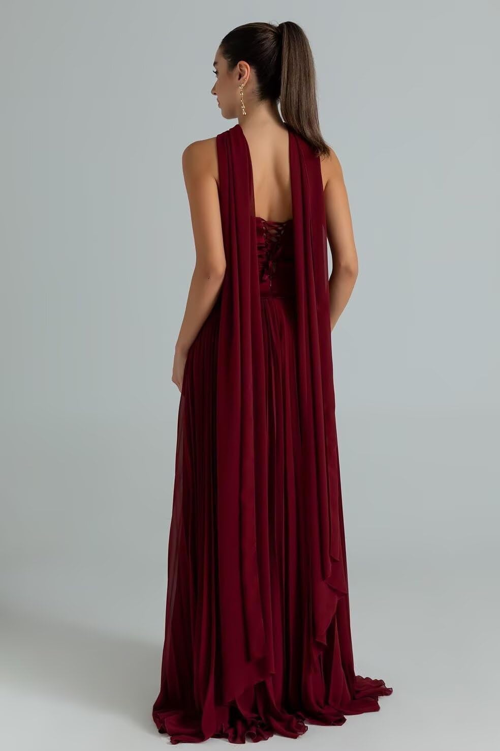 Rjer Strapless Bridesmaid Dresses with Scarf Satin and Chiffon A-Line Ruched Pleated Wedding Guest Dress Long for Women - Image 2