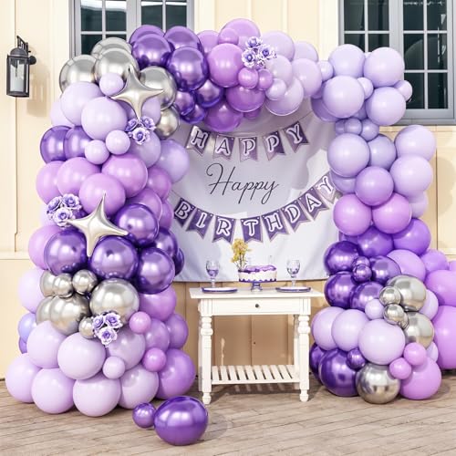 Image of Purple Silver Balloon Arch Kit, Lavender Lilac Balloon Garland for Birthday | Metallic Purple Silver Balloons with Four Star Foil Balloons for Girls Women Wedding Birthday Baby Shower Party Decorations